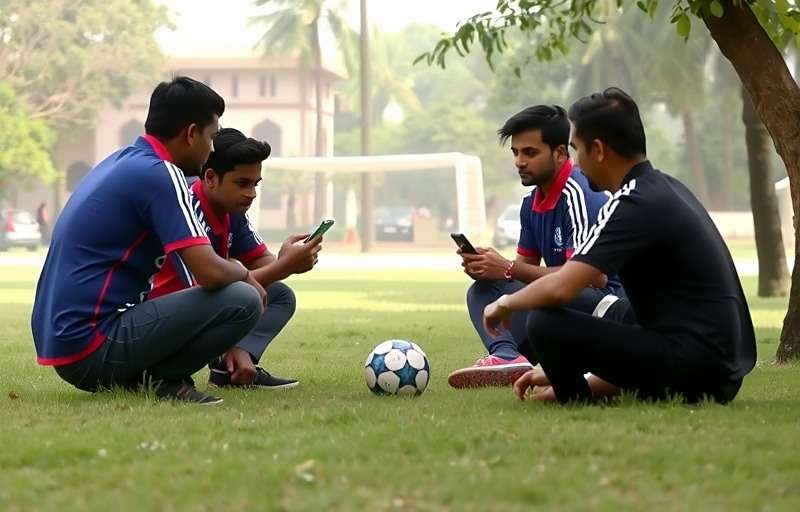 Delhi Dynamos FIFA - Community Gaming in Delhi Group of Delhi friends playing Delhi Dynamos FIFA together in a park with smartphones
